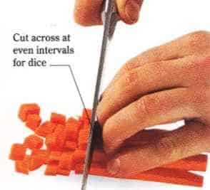 Gather die strips together into a pile and cut them crosswise to produce even dice