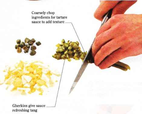 With a chefs knife, coarsely chop the gherkins, then chop the capers