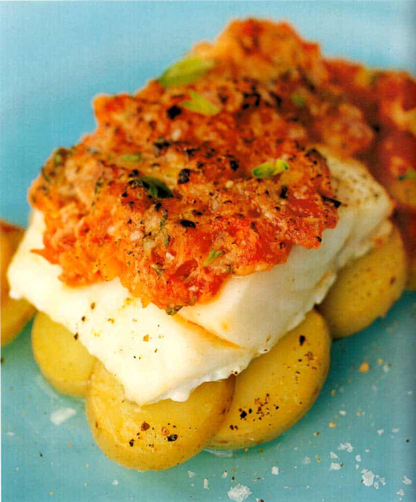 Cod Baked with Potatoes, Onions and Tomatoes-eatopic-easy homemade seafood recipes