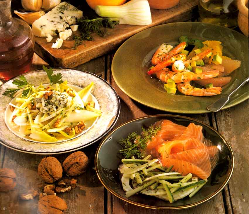 Smoked-Salmon-Salad-with-Dill-Chicory-Salad-with-Roquefort-prawn-avocado-citrus