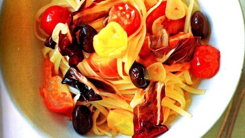Linguine With Heirloom Tomatoes, Red Endive And Black Olives
